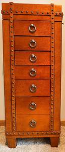 Vintage Jewelry Armoire Tall Chest - Riveted Trim & Ring Pulls, Mirror Lid