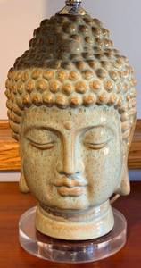 Buddha Head Table Lamp - Ceramic Bust with Brown Drum Shade (matches lot 6)