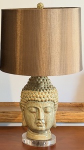 lot 6 image: Buddha Bust Table Lamp - Ceramic Head Base & Brown Drum Shade (matches lot 5)