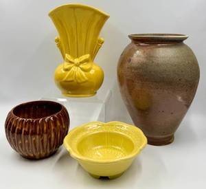 lot 16 image: Shawnee Bow Vase & McCoy 685 Bowl & McCoy Greenish Yellow Bowl & Artist-Signed Tall Pottery Vase (Lot of 4)