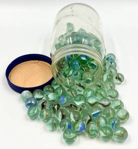 lot 29 image: Vintage Glass Marbles Swirl Pattern Green & Blue in Vintage Mason Jar with Lid