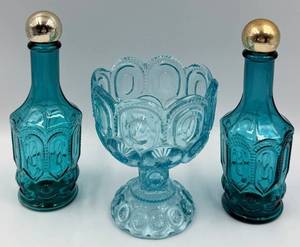 lot 30 image: Moon & Stars AVON Breath Fresh Mouthwash Glass Decanter Bottles & Turquoise Compote Set