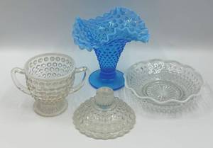 lot 31 image: Vintage Fenton Hobnail Blue Glass Vase & Clear Glass Items- 4 Piece Set