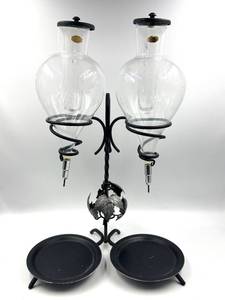 lot 35 image: Handmade in Austria - Dual Grapevine Etched Glass Decantors with Leaf Motif Iron Stand