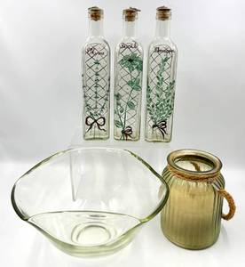lot 36 image: Herb Bottle Set - Thyme Basil Tarragon - Clear Glass with Hand Painted Lattice Pattern, Glass Bowl and Citronella Outdoor Candle