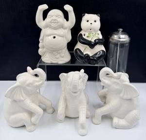 lot 37 image: White Ceramic Asian Inspired Tiki Mugs Set - Elephants, Panda & Laughing Buddha (Lot of 6)