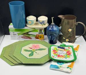 lot 38 image: Spring Floral Placemat Set, Salt & Pepper Shakers, Onion Chopper Box, Floral Towels & Decorative Pitcher