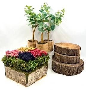 lot 44 image: Artificial Floral Arrangement in Bark-Textured Planter with Moss & Log Slices & Faux Miniature Trees
