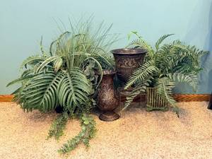 lot 47 image: Embossed Metal & Ceramic Planter VasePots with Foliage Motifs & Faux Ferns