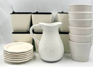 lot 48 image: 1-800 Flowers White Dimpled Pitcher, 6 Small Ceramic Pots with Saucers and 6 Self-Watering Planters