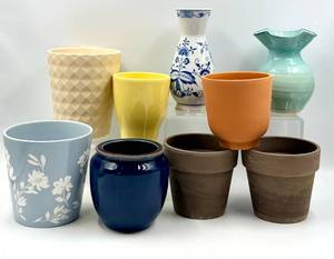 lot 49 image: Assorted CeramicClay Vases & Planters - Delft Blue & White, Teal Glaze, Yellow, Terracotta