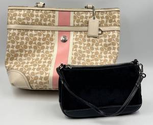 lot 51 image: Coach Signature Canvas Tote Beige with Pink Stripe & Coach Black Wristlet