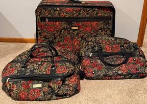 lot 56 image: 3 Piece Protocol Floral Travel Cases - Floral Tapestry, Leather Trim & Wheels