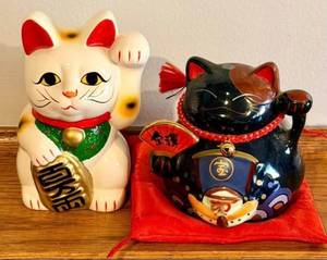 lot 66 image: Meows Maneki Neko Ceramic Cats White & Black - 2-Pc Set