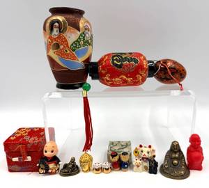lot 68 image: Assorted Miniature Asian Figurines & Lanterns - Buddha Statues, Maneki-Neko Cats, Kokeshi Dolls
