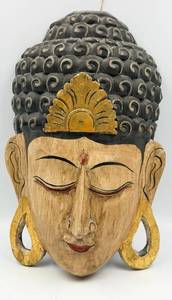 lot 72 image: Buddha Head Wooden Hanging Sculpture - Hand-Carved with Black Hair & Gold Crown