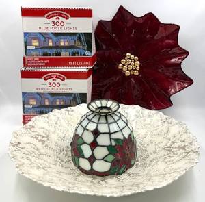 lot 91 image: Holiday Time Blue Icicle Lights 300 - 19 ft Total (2 Boxes) & Glass Decor