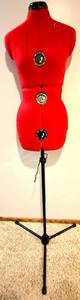 lot 104 image: Dress Form - Adjustable Red Fabric Cover with 3 Size Dials on Stand