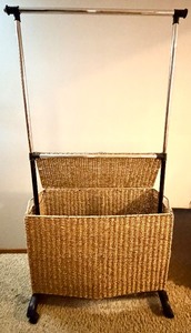 lot 20 image: Woven Laundry Hamper on Rolling Metal Frame & Wheels