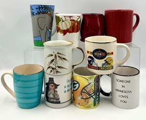 lot 114 image: Mugs - Assorted Coffee Mug Collection Featuring NFL Logos, Fall Prints and more