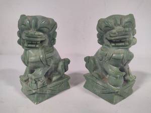 lot 9 image: Pair of Vintage Hand Carved Green Foo Dog Statues