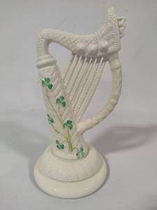 lot 16 image: Belleek Irish Celtic Shamrock Bone China Harp Figurine