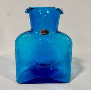lot 3 image: Vintage Blenko Blue Art Glass Double Spout Water Pitcher