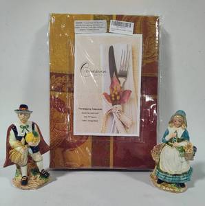 lot 125 image: Fitz & Floyd Thanksgiving Salt & Pepper Shakers & 72 Square Tablecloth New in Packaging