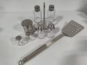 lot 138 image: Stainless Steel Shakers, Cruet Set & Spatula