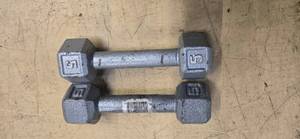 lot 28 image: A Pair of 5 LB Metal Hex Dumbbells ( USED)