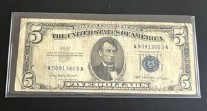 lot 38 image: 1953 $5 Blue Seal Silver Certificate (Very Good)