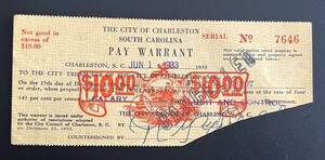 lot 44 image: 1933 South Carolina Small $10 Pay Warrant