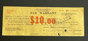 lot 46 image: 1932 South Carolina Large $10 Pay Warrant