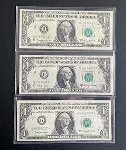 lot 47 image: Lot of Three 1963A $1 Federal Reserve Star Notes (Choice Crisp Uncirculated)