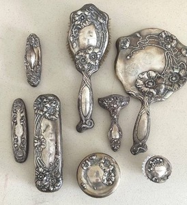 lot 3 image: Sterling Silver Vanity Set - Hand Mirror, Hairbrush, Powder Box & Accessories