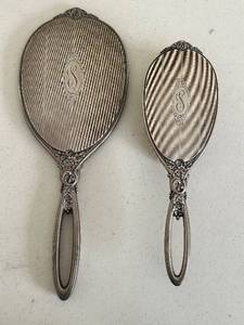 lot 4 image: Sterling Hand Mirror Set - Ornate Floral Handles, Monogram S