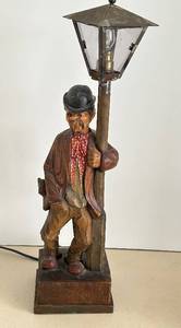 lot 7 image: Rare Wooden Carved Automaton Moving Hobo on Lamppost - Folk Art Lamp GERMAN Hand Carved Attributed to KARL GRIESBAUM Lamp
