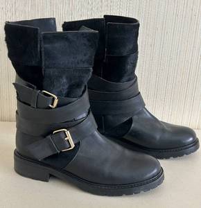 lot 13 image: Sesto Meucci Boots - Size 8 Black Leather and Calfskin Buckle Ankle Moto Boots