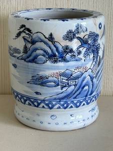 lot 23 image: Meiji Period-Hand Painted Japanese Porcelain Blue & White Hibachi Planter Mountain Scene