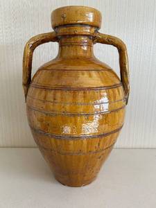 lot 28 image: Large Tall Ceramic Jug with Crackle Amber Glaze &amp Two Handles