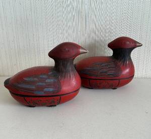 lot 30 image: Pair of Red Lacquered Hand-Painted Wooden Duck Decoys with Floral Carvings