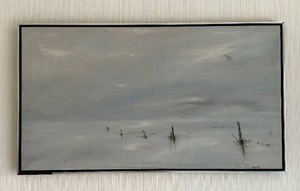 lot 33 image: MCM M.J. Schmeister Seascape Painting & Pair of Ivory-Tone Figurines on Marble Bases - Signed, Framed