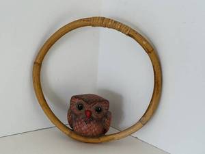 lot 42 image: Vintage 80s Mexican Artisan Owl Figurine on Wooden Hoop Ring - Artist Signed