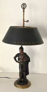 Vintage MCM Painted Bronze Figurine Desk Lamp With Metal Shade