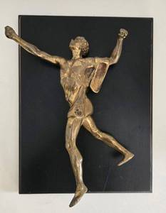 lot 59 image: Brass Statue on Black Wood Plaque - Dynamic Leaping Athlete Figure