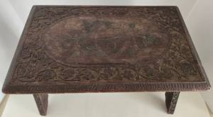 lot 63 image: Hand-Carved Indian Wood Stool & Floral Vine Motif - Made in India