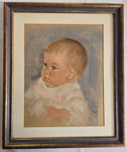 lot 94 image: 1967 Pastel Baby Portrait in Ornate Wood Frame - Framed and Signed Print