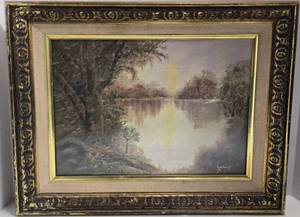lot 95 image: Landscape Painting - Lake Sunset in Ornate Frame - Signed Harold