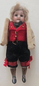lot 87 image: Antique German Bisque Dollhouse Sized Boy Jointed Doll Original Clothing - Late 19th Century
