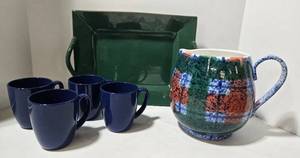 lot 109 image: Dept. 56 Tartan Plaid Pitcher & Corelle Blue Mugs (4) & Green Ceramic Tray